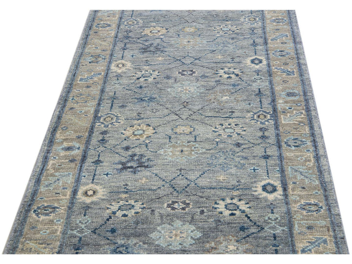 Modern Gray Oushak Style Handmade Floral Motif Wool Runner