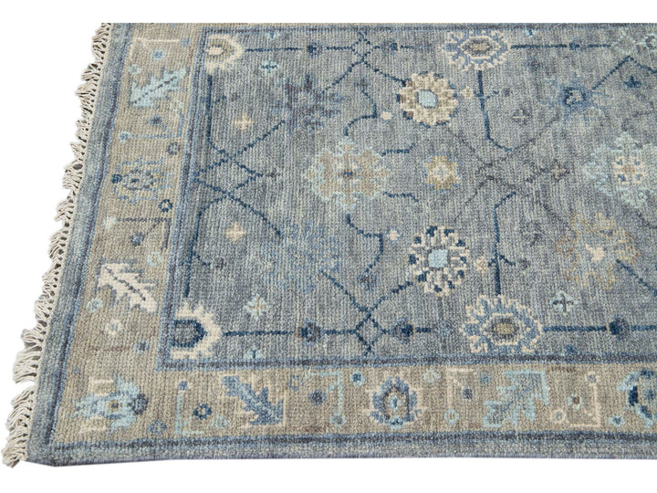 Modern Gray Oushak Style Handmade Floral Motif Wool Runner