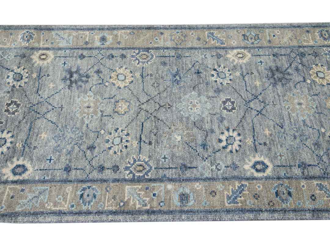 Modern Gray Oushak Style Handmade Floral Motif Wool Runner