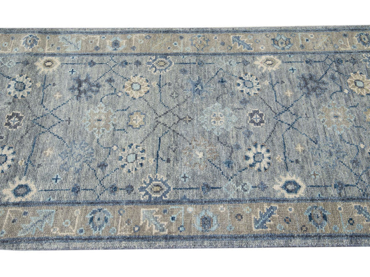 Modern Gray Oushak Style Handmade Floral Motif Wool Runner