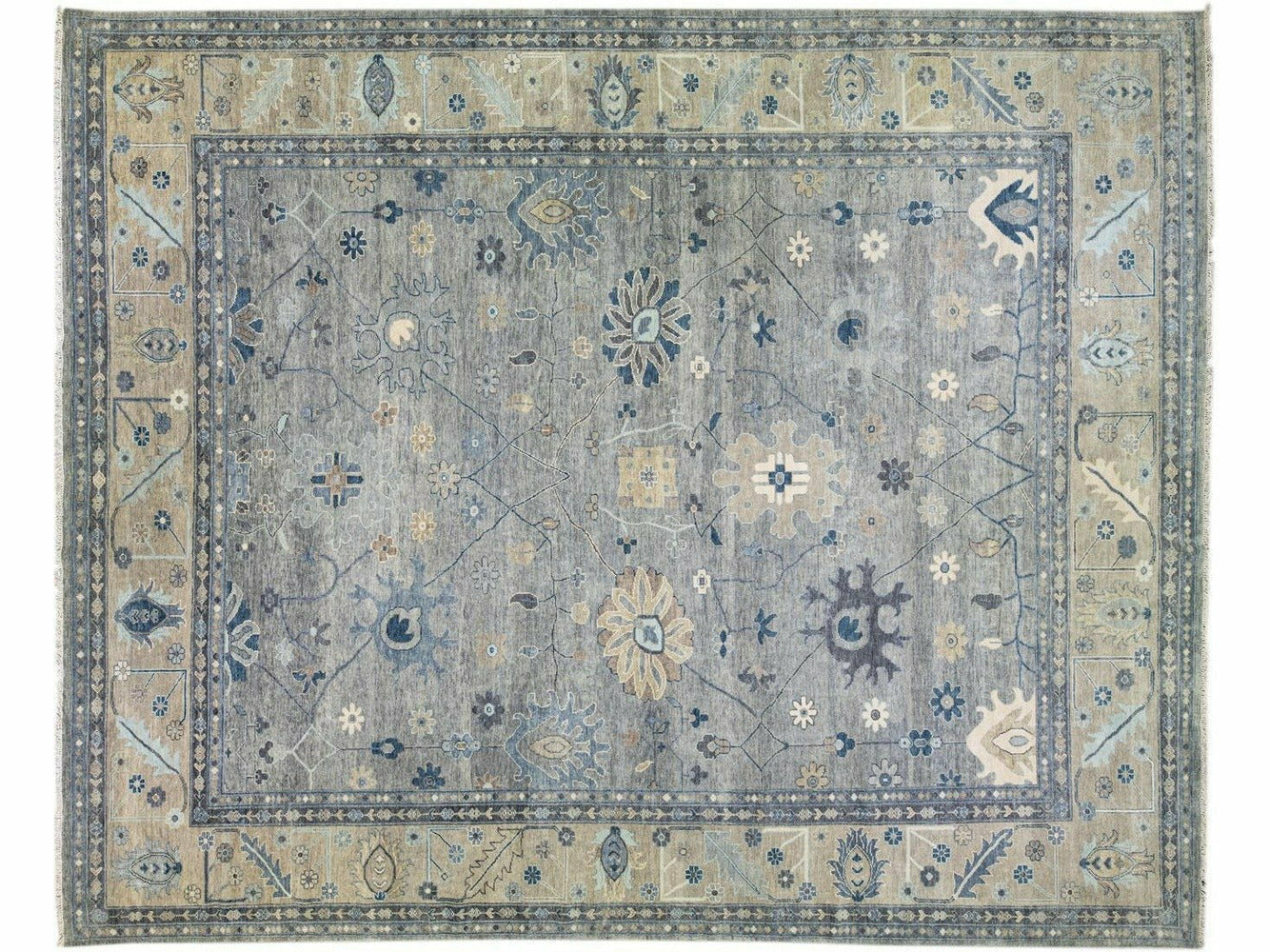 Gray Modern Oushak style Handmade Floral Motif Oversize Wool Rug