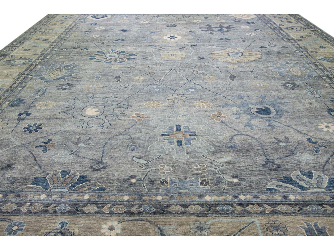 Gray Modern Oushak style Handmade Floral Motif Oversize Wool Rug