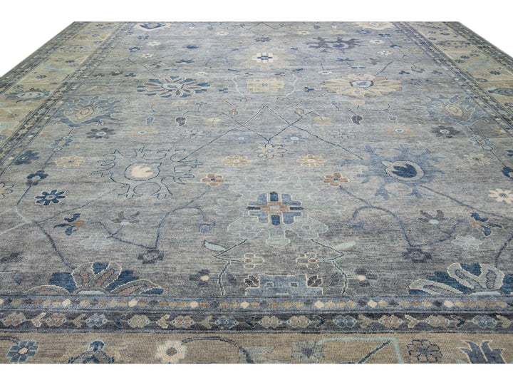 Gray Modern Oushak style Handmade Floral Motif Oversize Wool Rug