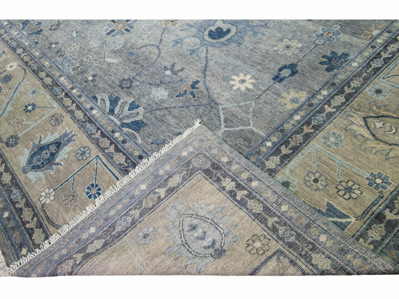 Gray Modern Oushak style Handmade Floral Motif Oversize Wool Rug