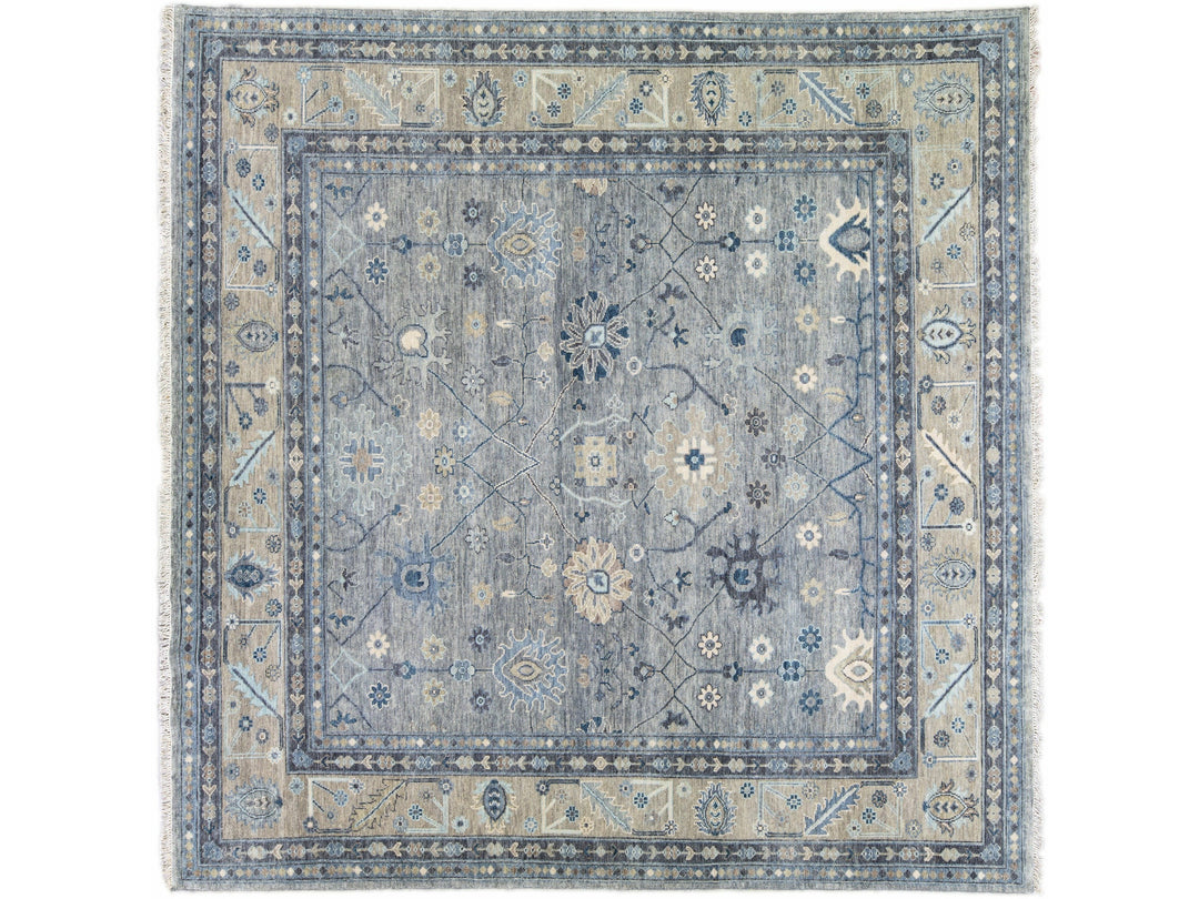 Modern Oushak style Handmade Floral Motif Gray And Beige Square Wool Rug