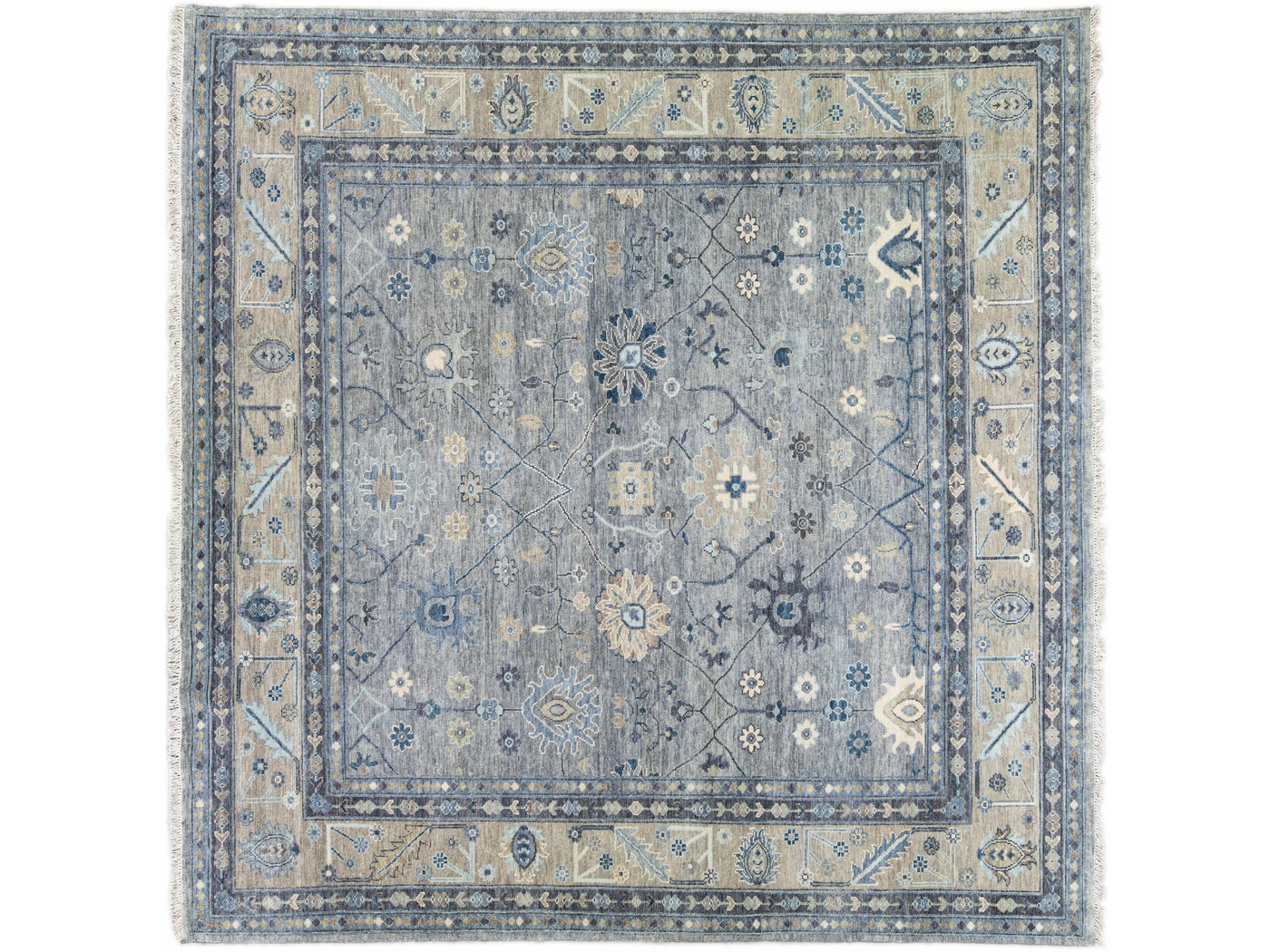 Modern Oushak style Handmade Floral Motif Gray And Beige Square Wool Rug