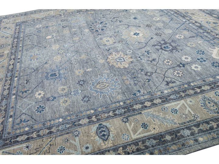 Modern Oushak style Handmade Floral Motif Gray And Beige Square Wool Rug