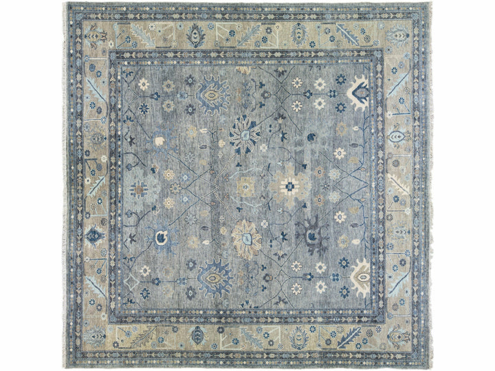 Modern Oushak style Handmade Floral Motif Gray Square Wool Rug