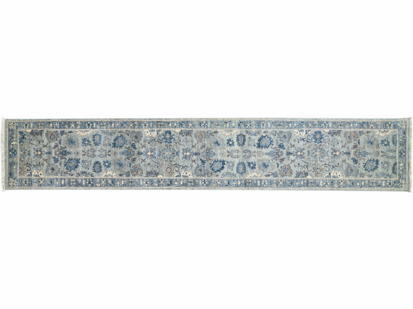 Modern Silver and Blue Oushak Style Handmade Floral Motif Wool Runner