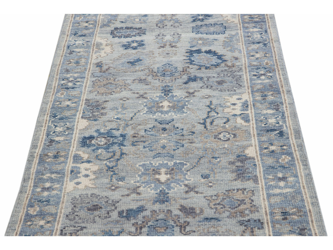 Modern Silver and Blue Oushak Style Handmade Floral Motif Wool Runner