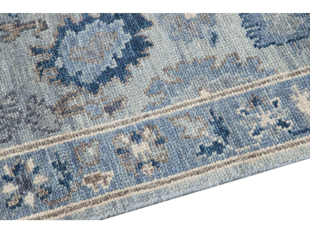 Modern Silver and Blue Oushak Style Handmade Floral Motif Wool Runner