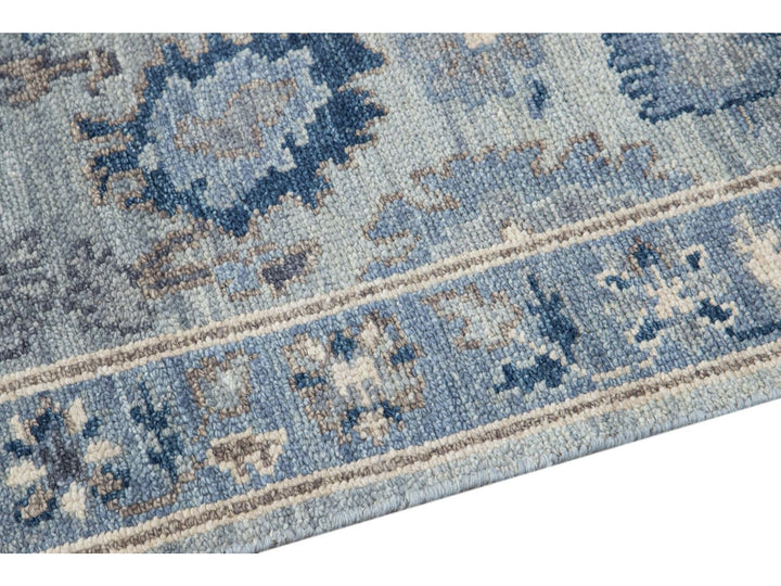 Modern Silver and Blue Oushak Style Handmade Floral Motif Wool Runner