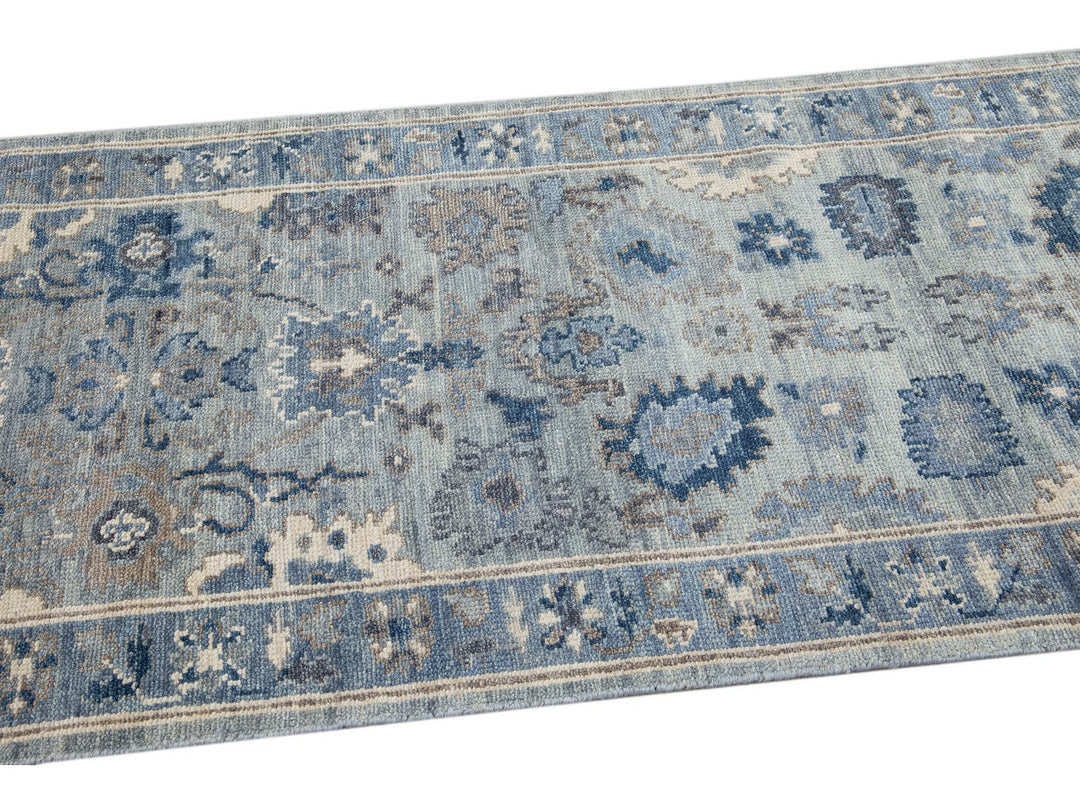 Modern Silver and Blue Oushak Style Handmade Floral Motif Wool Runner
