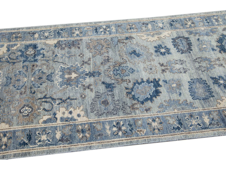 Modern Silver and Blue Oushak Style Handmade Floral Motif Wool Runner