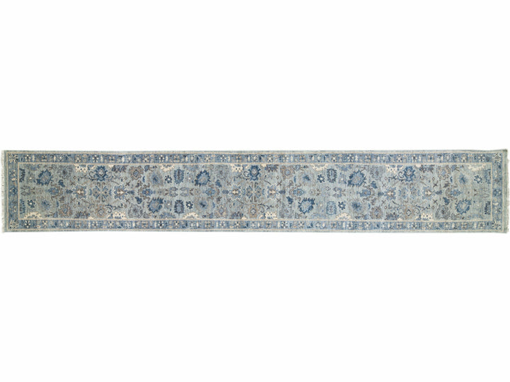 Modern Oushak Style Handmade Floral Motif Silver-Gray Wool Runner