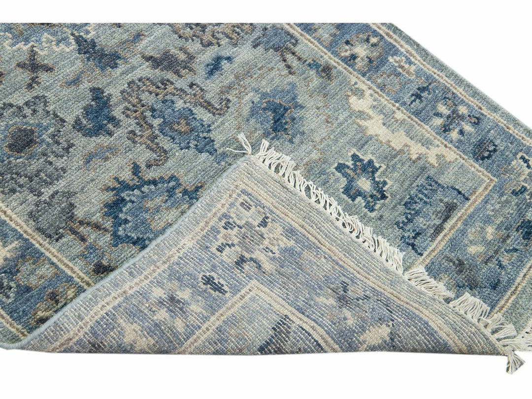 Modern Oushak Style Handmade Floral Motif Silver-Gray Wool Runner