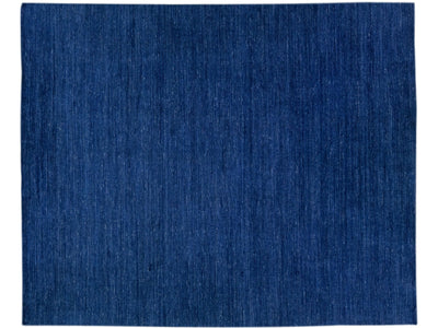 Modern Gabbeh Style Handmade Oversize Blue Wool Rug with Solid Motif