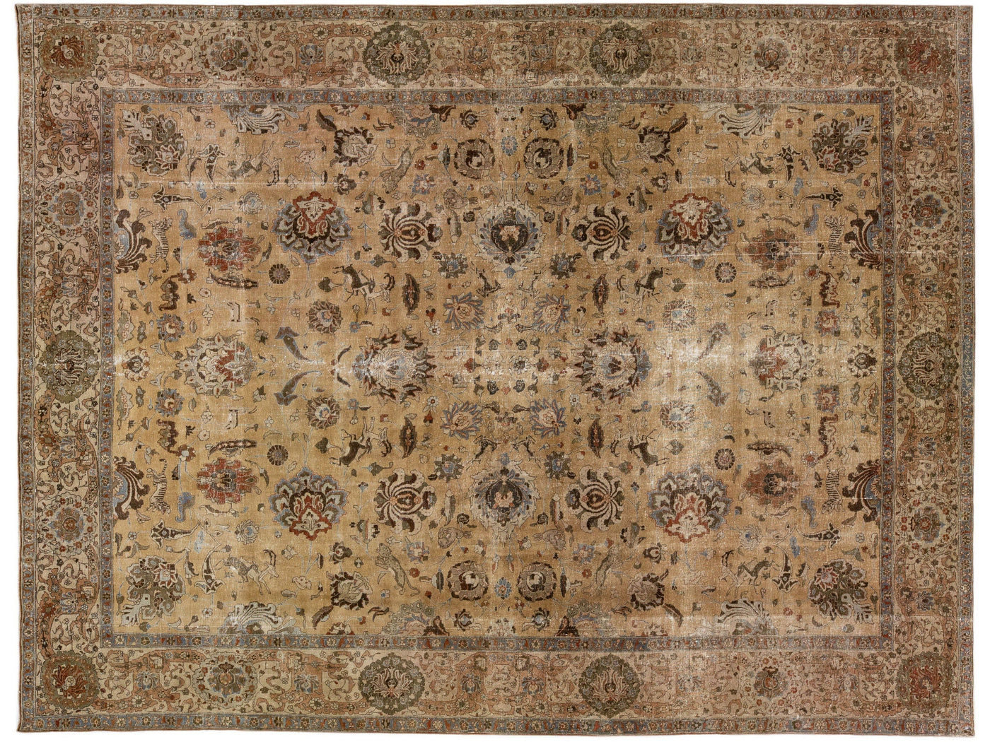 Antique Tabriz Handmade Brown Persian Wool Rug With Floral Motif