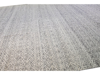 Modern Transitional Gray and Ivory Handmade Allover Geometric Oversize Wool Rug