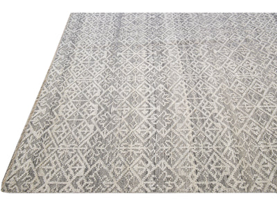 Modern Transitional Gray and Ivory Handmade Allover Geometric Oversize Wool Rug