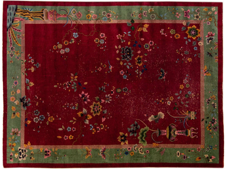 Antique Art Deco Handmade Chinese Floral Pattern Red Wool Rug