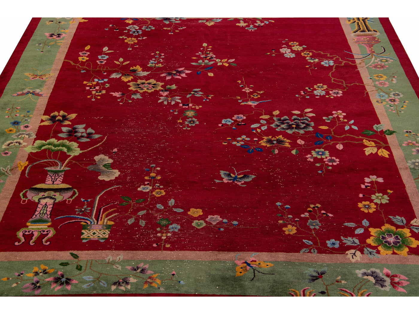 Antique Art Deco Handmade Chinese Floral Pattern Red Wool Rug