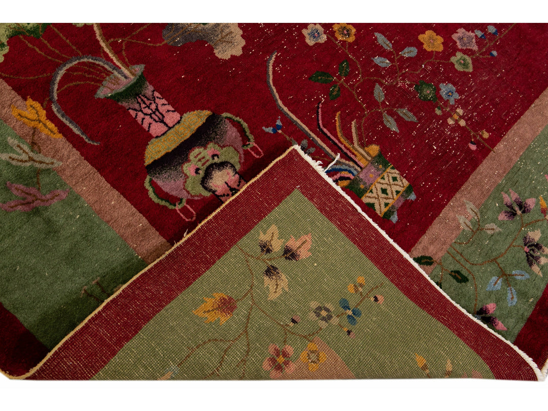 Antique Art Deco Handmade Chinese Floral Pattern Red Wool Rug