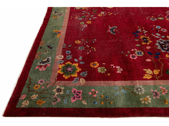 Antique Art Deco Handmade Chinese Floral Pattern Red Wool Rug