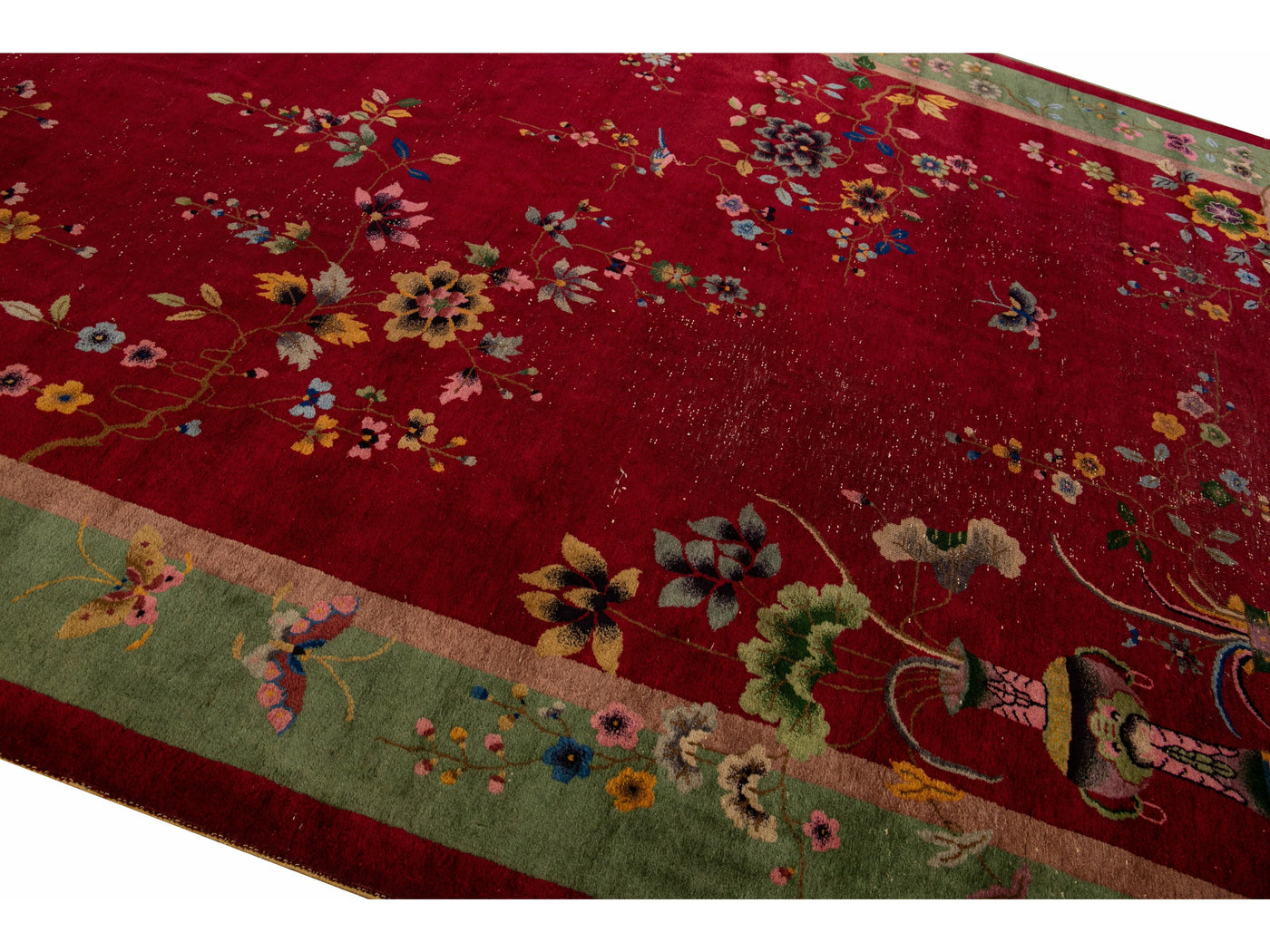 Antique Art Deco Handmade Chinese Floral Pattern Red Wool Rug