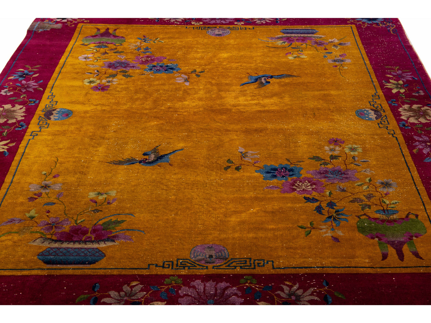 Antique Art Deco Handmade Chinese Floral Pattern Yellow Wool Rug