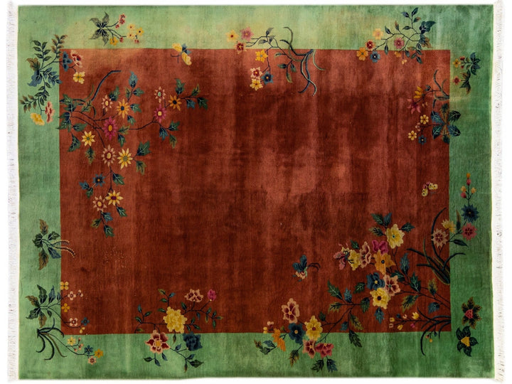 Antique Art Deco Handmade Floral Chinese Green and Brown Wool Rug