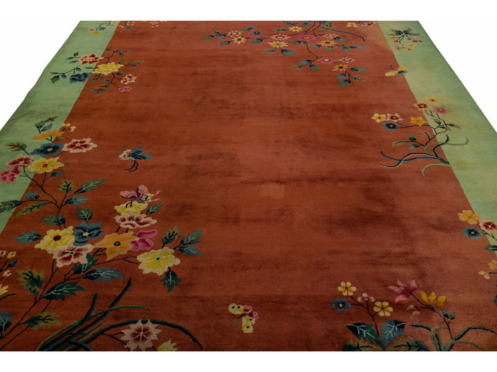 Antique Art Deco Handmade Floral Chinese Green and Brown Wool Rug