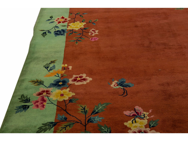 Antique Art Deco Handmade Floral Chinese Green and Brown Wool Rug