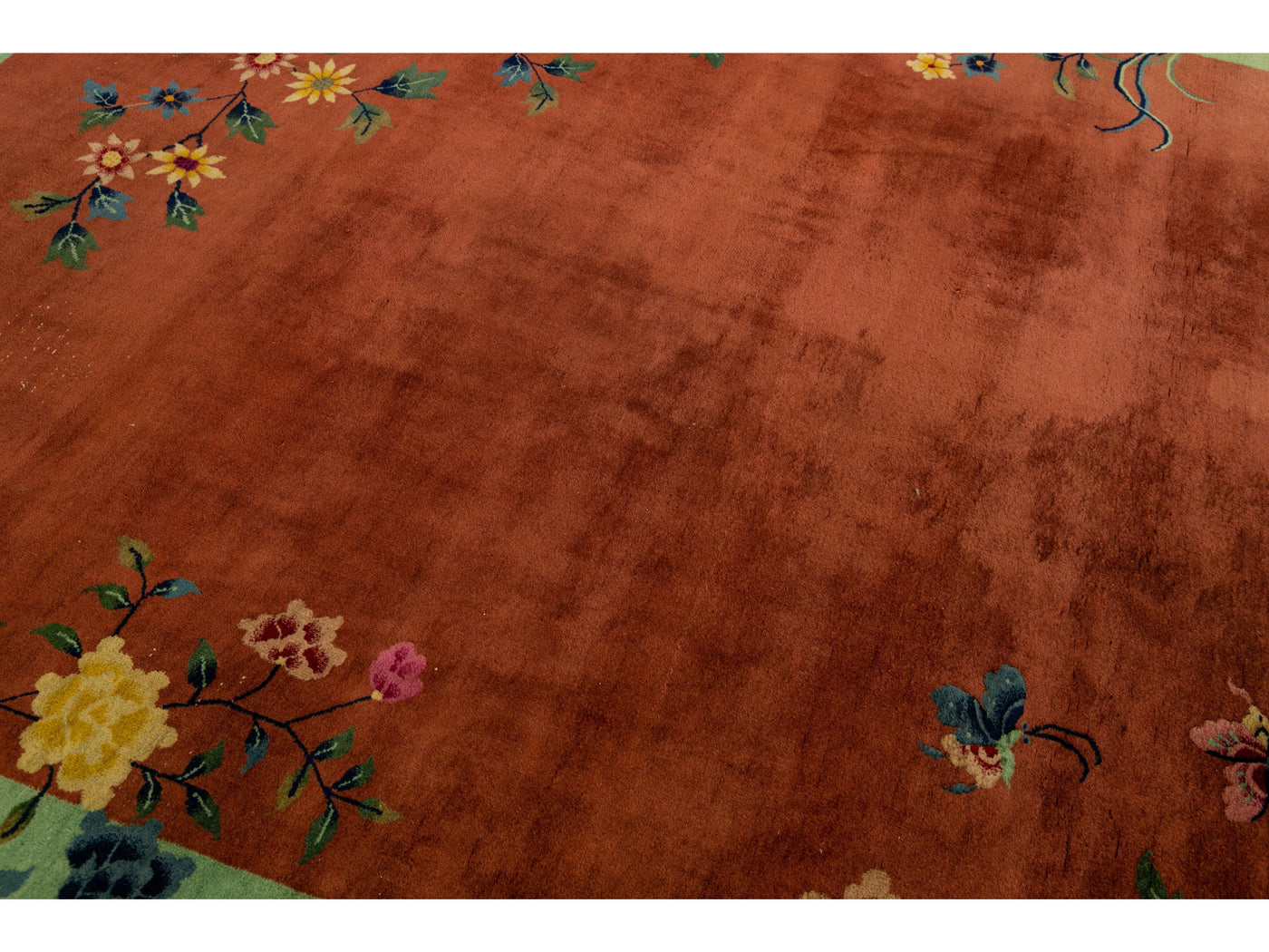 Antique Art Deco Handmade Floral Chinese Green and Brown Wool Rug