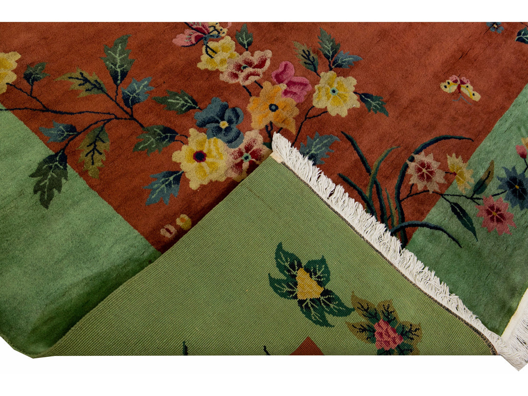 Antique Art Deco Handmade Floral Chinese Green and Brown Wool Rug