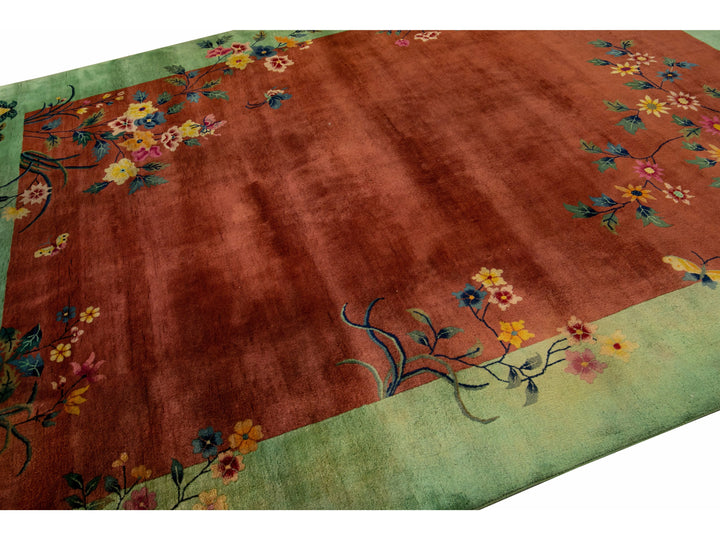 Antique Art Deco Handmade Floral Chinese Green and Brown Wool Rug