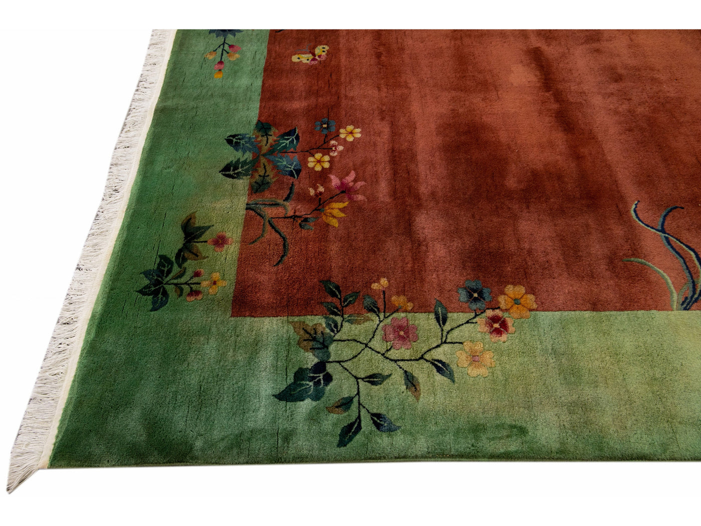 Antique Art Deco Handmade Floral Chinese Green and Brown Wool Rug