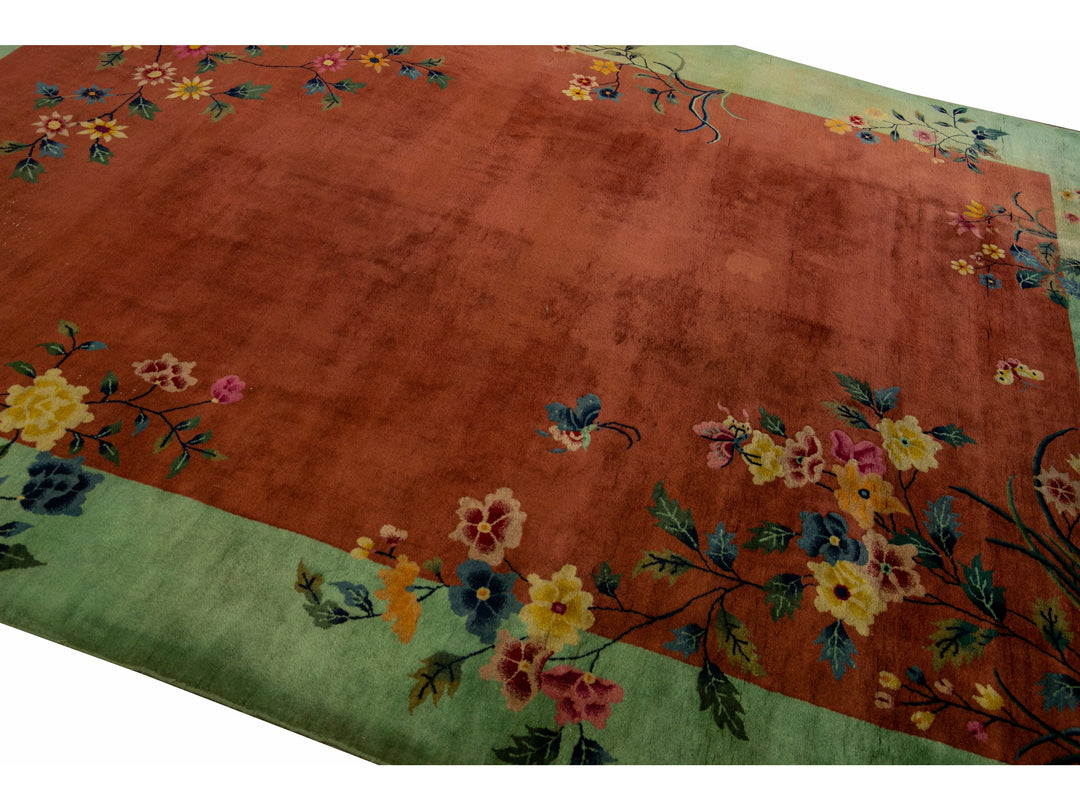 Antique Art Deco Handmade Floral Chinese Green and Brown Wool Rug