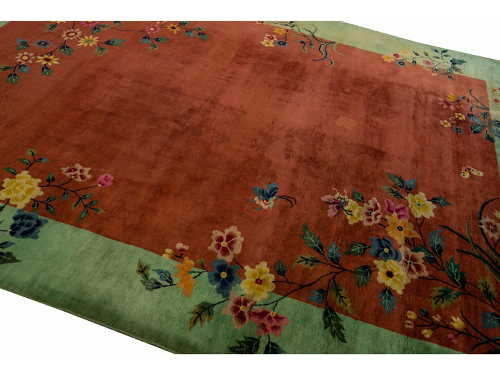 Antique Art Deco Handmade Floral Chinese Green and Brown Wool Rug