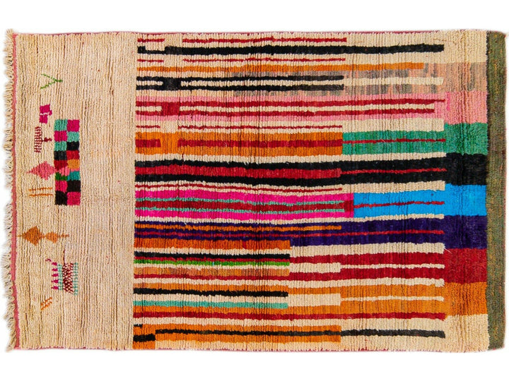  Vintage Beni Ourain Moroccan Handmade Multicolor Designed Beige Wool Rug