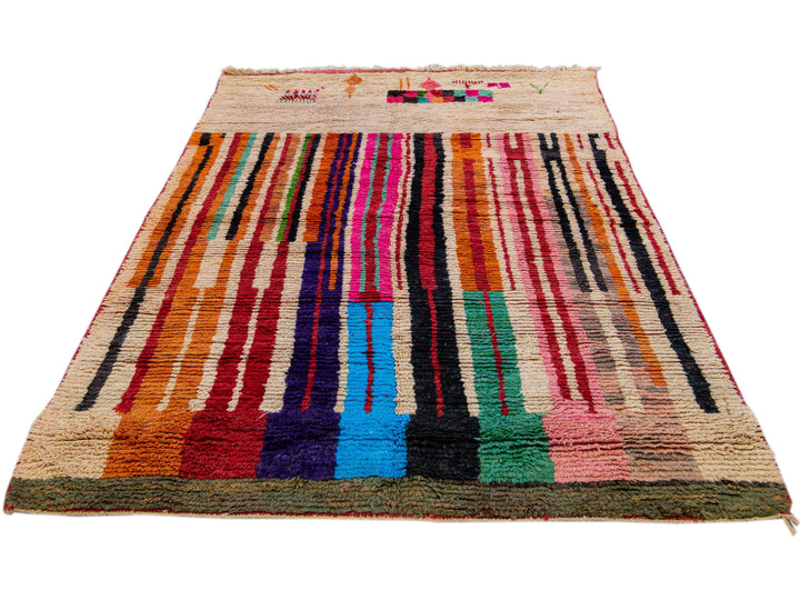  Vintage Beni Ourain Moroccan Handmade Multicolor Designed Beige Wool Rug