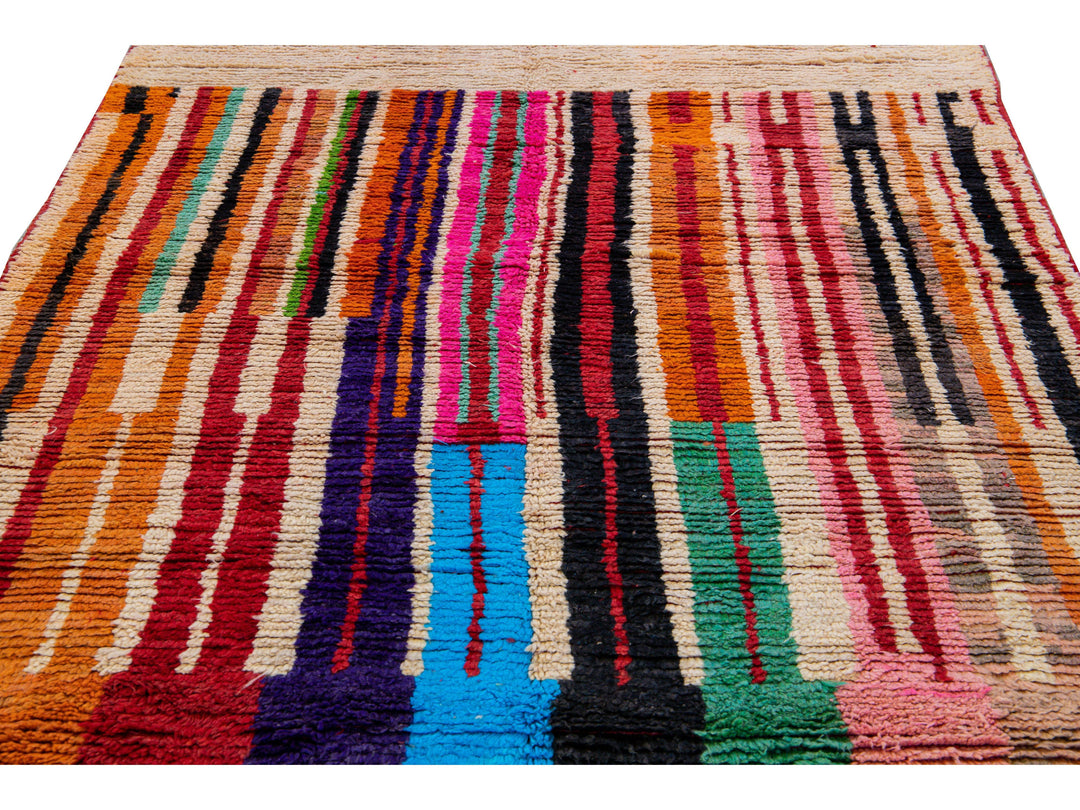  Vintage Beni Ourain Moroccan Handmade Multicolor Designed Beige Wool Rug