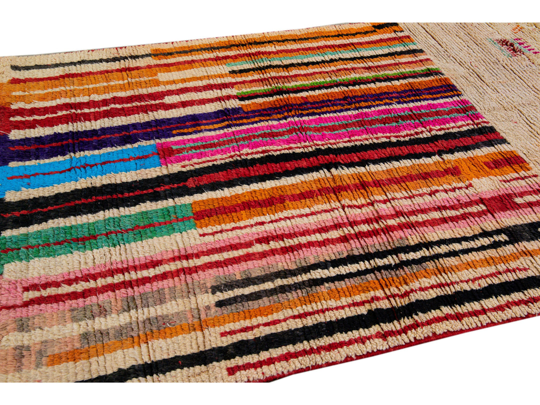  Vintage Beni Ourain Moroccan Handmade Multicolor Designed Beige Wool Rug