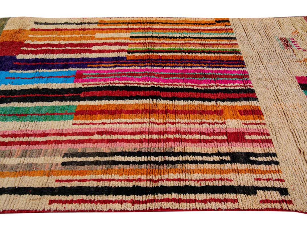  Vintage Beni Ourain Moroccan Handmade Multicolor Designed Beige Wool Rug