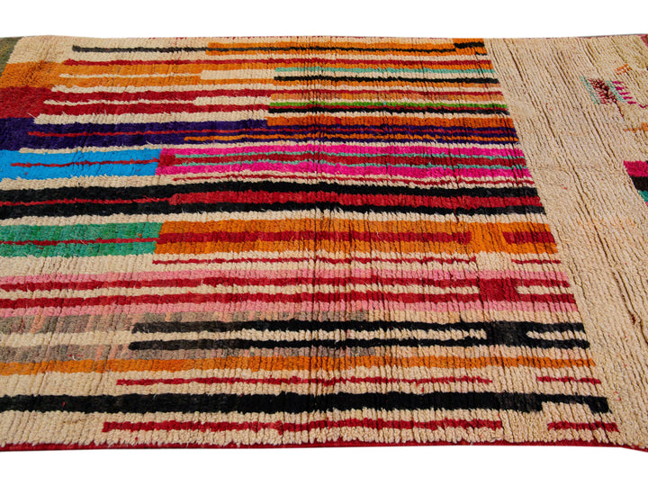  Vintage Beni Ourain Moroccan Handmade Multicolor Designed Beige Wool Rug