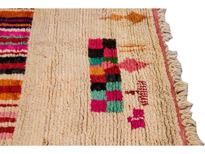  Vintage Beni Ourain Moroccan Handmade Multicolor Designed Beige Wool Rug