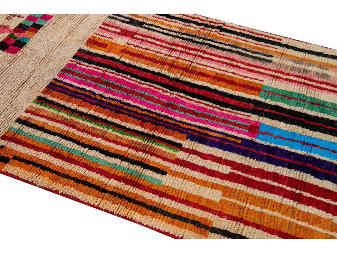  Vintage Beni Ourain Moroccan Handmade Multicolor Designed Beige Wool Rug