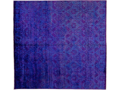 Modern Handmade Blue & Purple Square Wool Rug with Floral Pattern