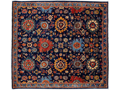 Modern Bidjar Style Handmade Floral Designed Blue Scatter Wool Rug