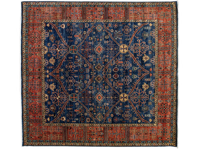 Modern Serapi Style Handmade Geometric Floral Blue and Rust Square Wool Rug